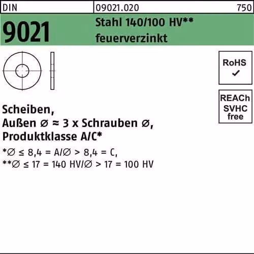 Rondelle Reyher DIN 9021 acciaio 26 ignifugo tZn 090210200260000 (100 pezzi)