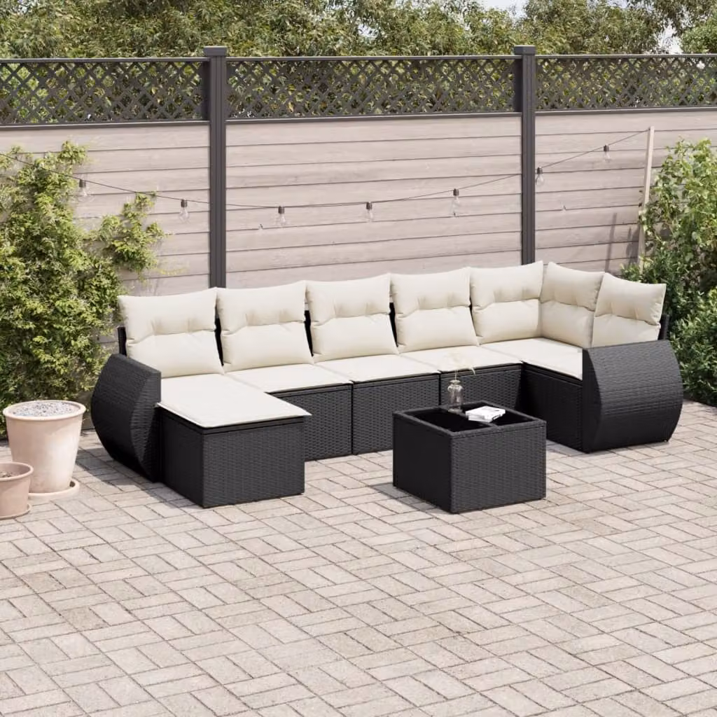 vidaXL Set Divani da Giardino a L con Cuscini 8 pz in Polyrattan Nero e Bianco – 1