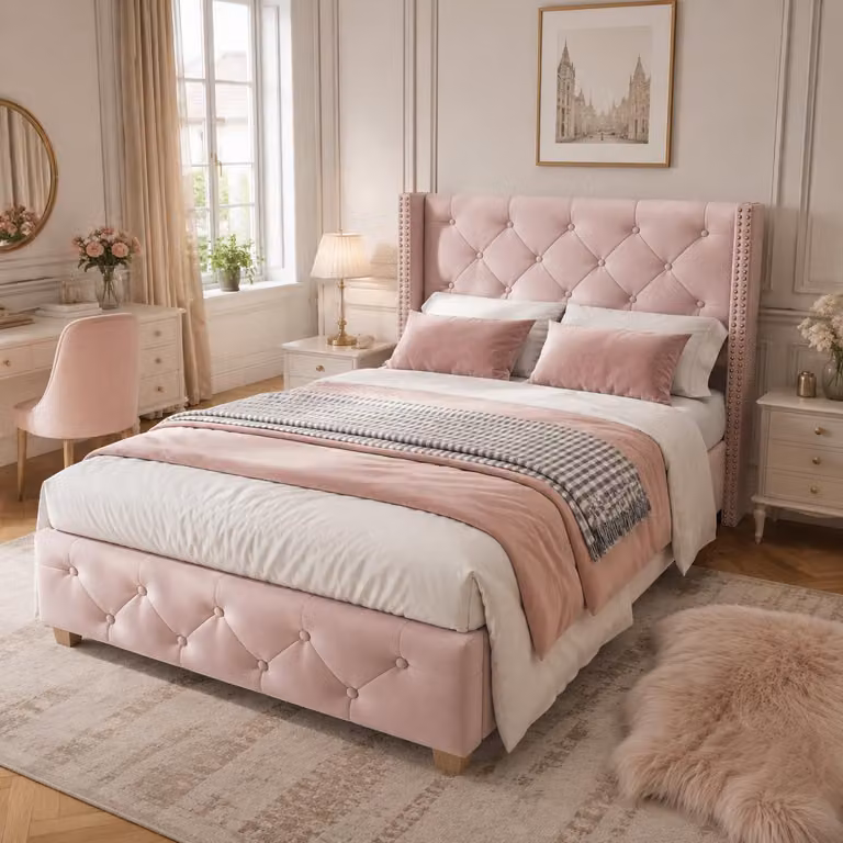 Letto imbottito 90x200 cm con rete a doghe, rivestito in velluto, con testiera imbottita e decorata con bottoni e borchie, gambe in legno, colore rosa