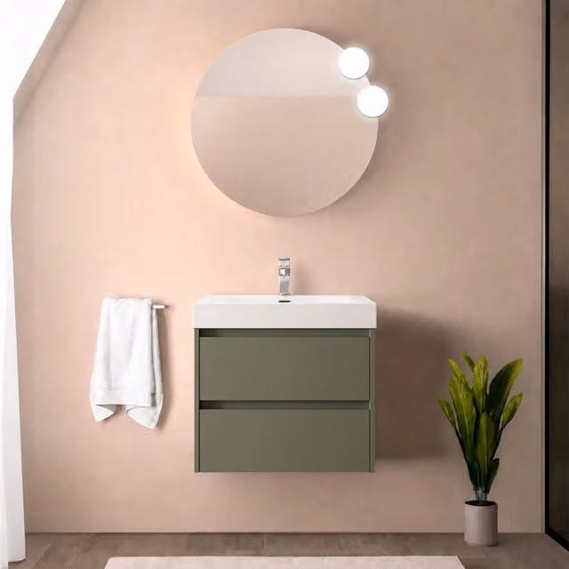 Mobile bagno sospeso 70 cm verde satinato con due cassetti e lavabo in resina Gaya