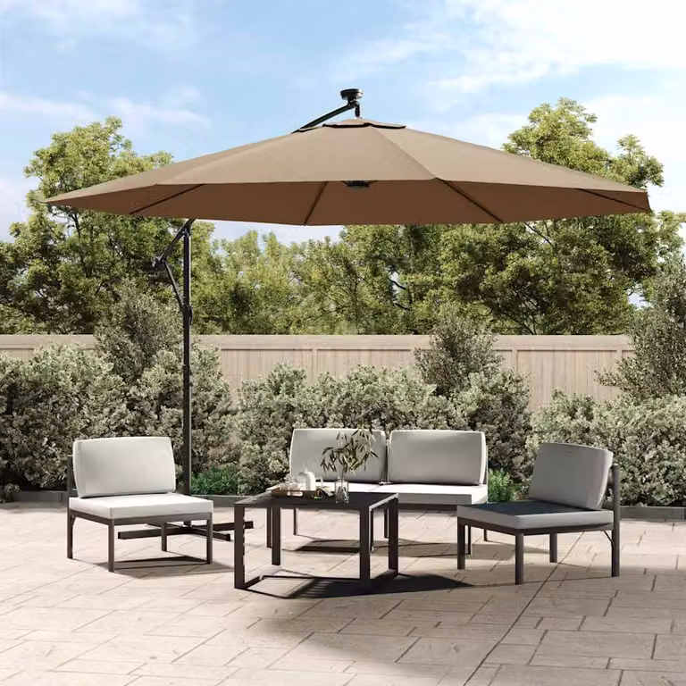 vidaXL Ombrellone a Sbalzo con LED e Palo in Metallo, Colore Beige o Grigio, Diametro 350 cm