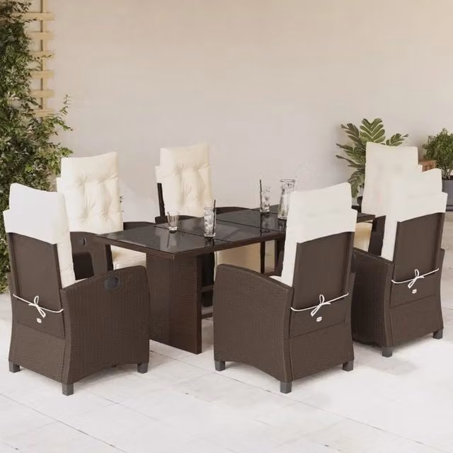 Set da Pranzo da Giardino 7 Pezzi vidaXL in Polyrattan Marrone e Bianco con Piano in Vetro – 1