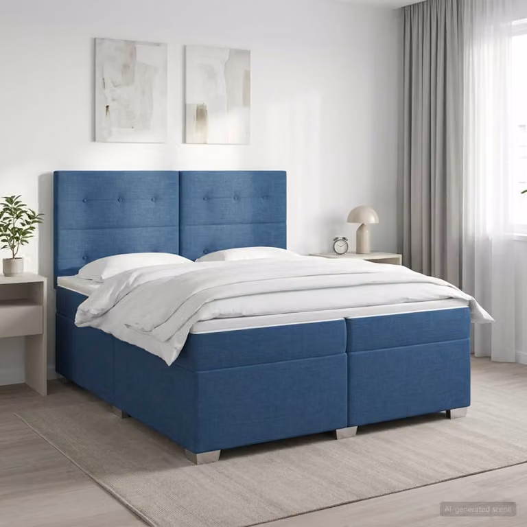 Letto box spring con materasso vidaXL in tessuto blu e bianco, L/P: 200 x 200 cm
