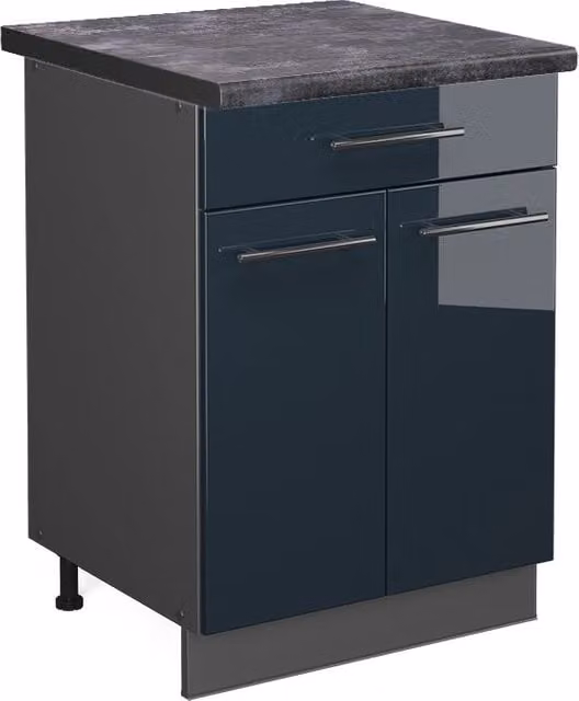 Mobile lavello cucina Fame-Line Vicco Blu scuro lucido e Antracite con piano in Rovere, L: 80 cm, H: 82 cm, P: 60 cm