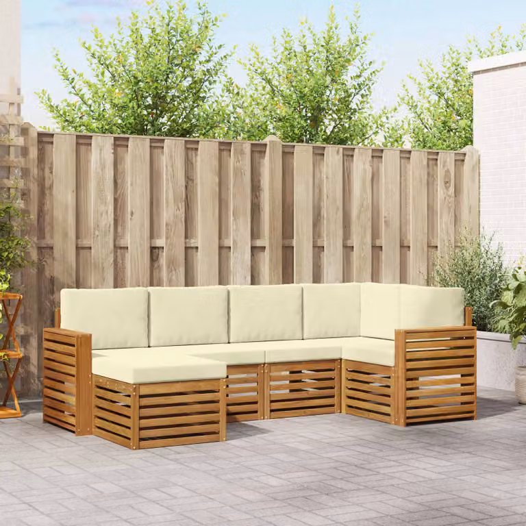 Set di divani da esterno vidaXL a forma di L composto da 6 pezzi in legno di acacia con cuscini beige e bianchi per giardino e terrazza