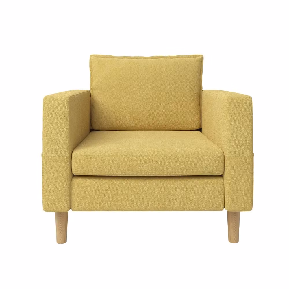 Poltrona relax imbottita Minimal in stile nordico con cuscino e braccioli, colore giallo, ideale per soggiorno o camera da letto – 2