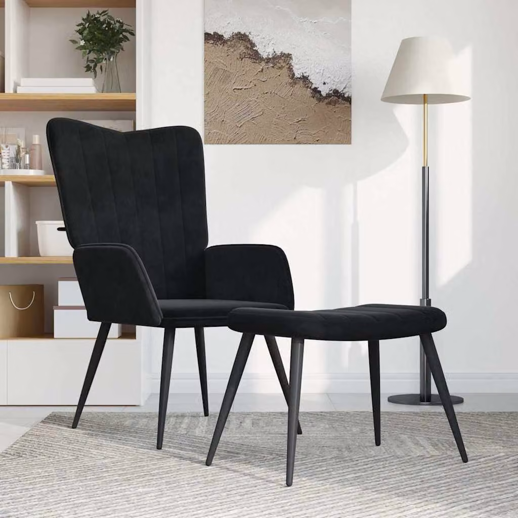 vidaXL Poltrona Relax con Sgabello in Velluto Nero e Struttura in Metallo