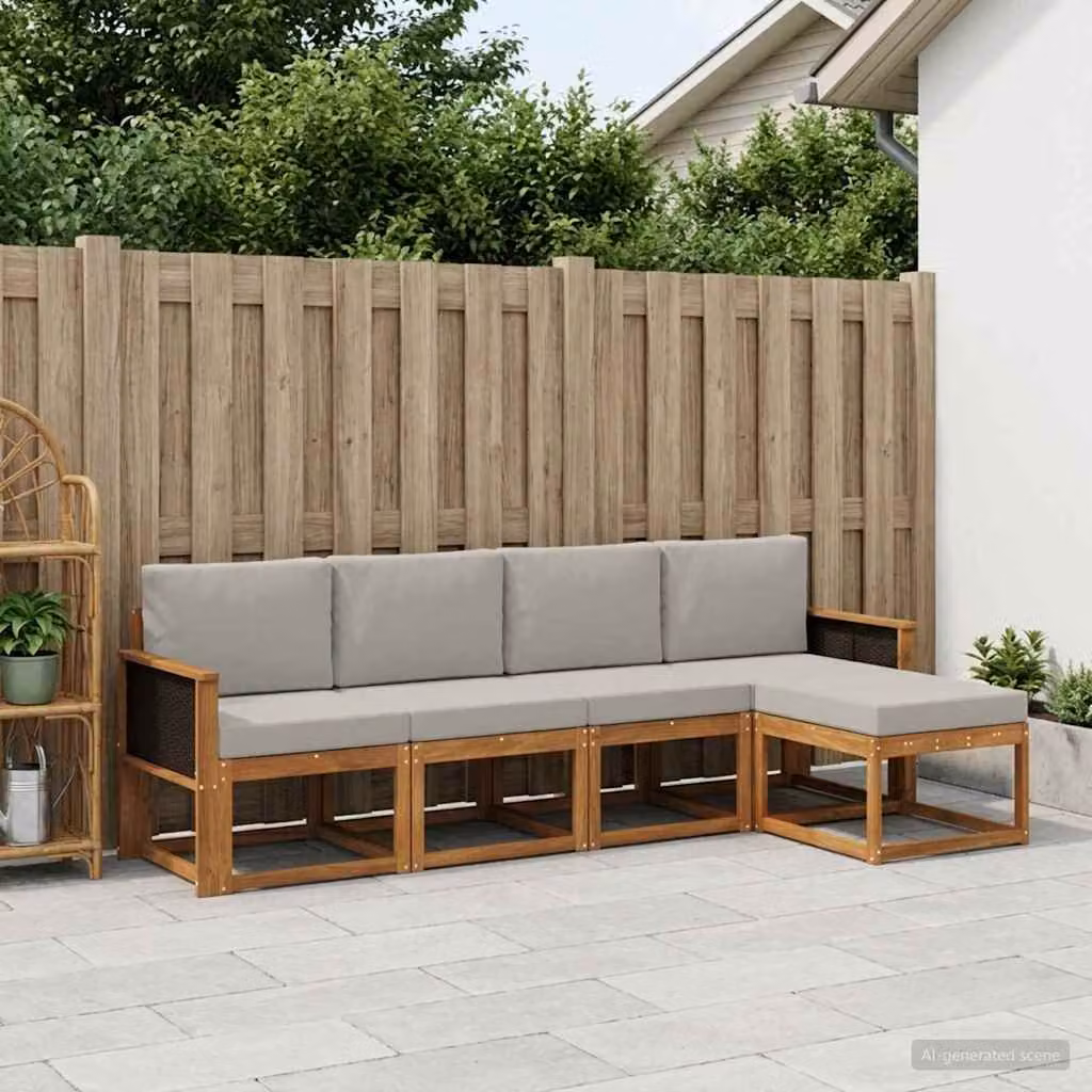 vidaXL Set di divani da esterno a L con pouf 5 pz in legno di acacia, colore marrone e grigio