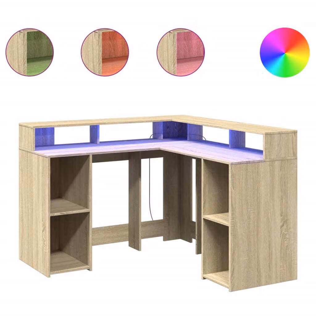 Scrivania con Luci LED Rovere Sonoma 130x130x91cm in Truciolato
