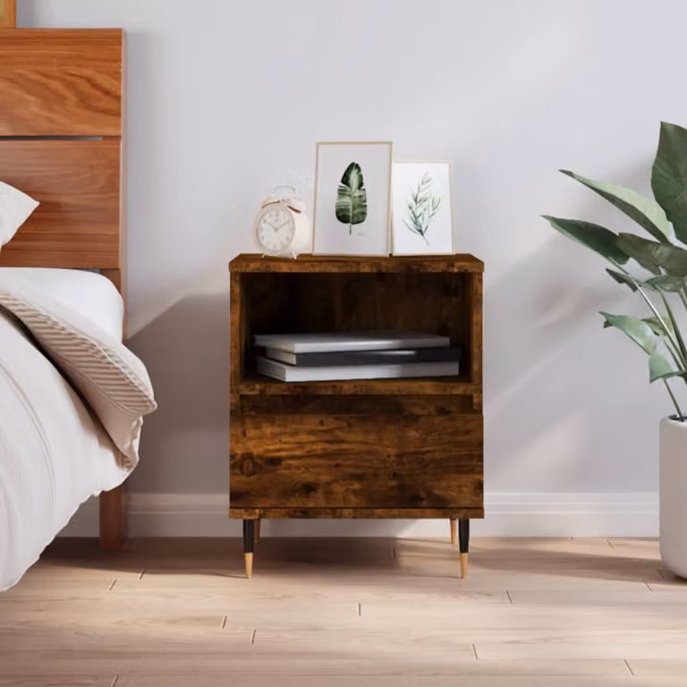 Comodino moderno vidaXL in legno multistrato rovere fumo, sospeso a parete, L 40 cm x P 35 cm x H 50 cm