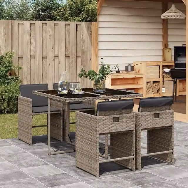 Set da pranzo da giardino vidaXL in polyrattan grigio e nero con tavolo in vetro e 5 sedie con cuscini