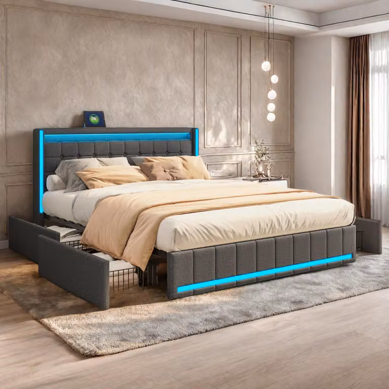 Letto imbottito ProximaX 140x200cm con 4 cassetti, letto contenitore letto matrimoniale con funzione cassetto, letto per ragazzi letto in legno con LED, letto funzionale, biancheria, grigio