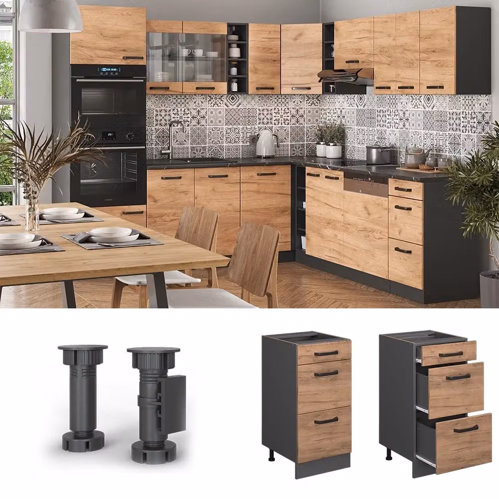Mobiletto base per cucina Vicco R-Line Rovere dorato e Antracite con cassetti, L: 40 cm – 2