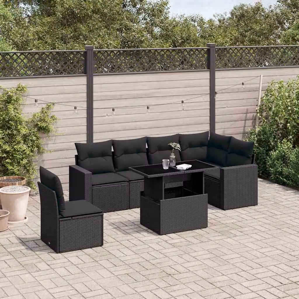 Set Divani da Giardino vidaXL a Forma di L con Cuscini e Tavolino, 7 Pezzi, Nero – 1