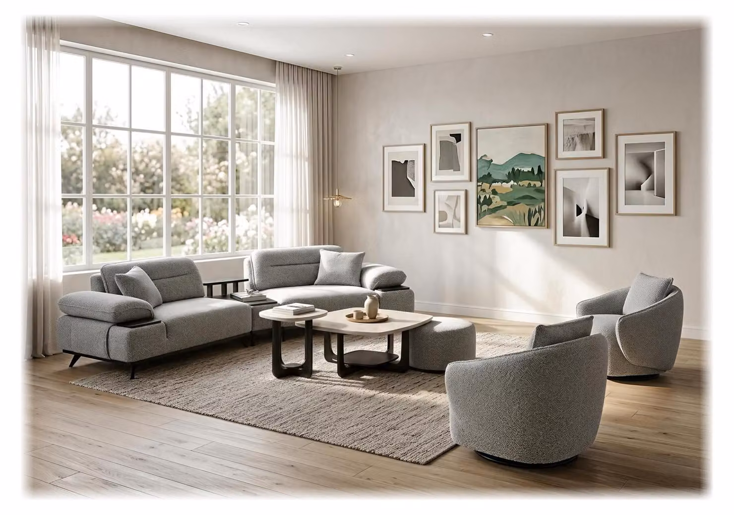 Divano componibile 3 posti, poltrona, tavolino, poggiapiedi, design moderno, colore grigio, elegante, lusso