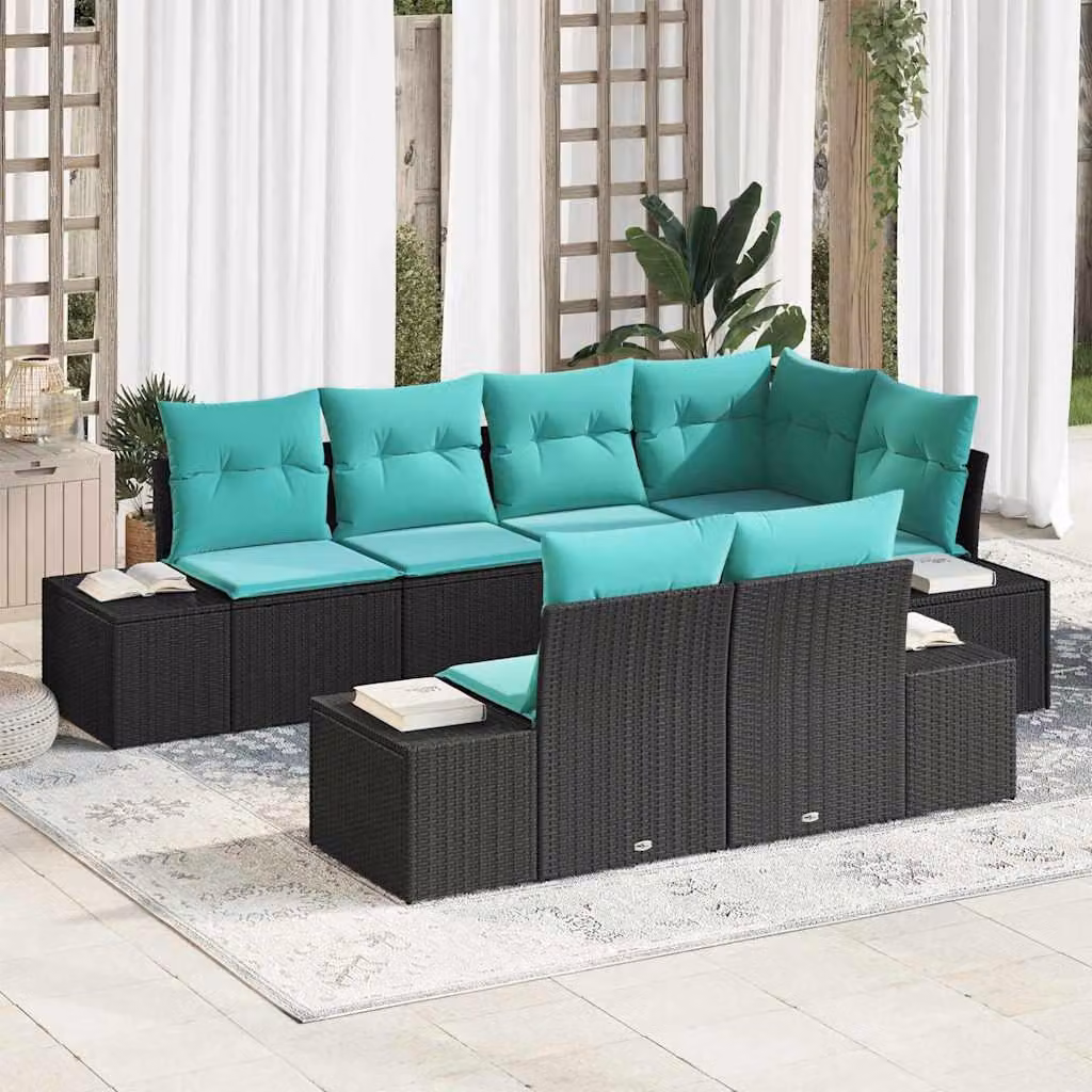 Maison Exclusive - Set da giardino composto da 7 pezzi. Divano e poltrone in rattan sintetico, colore nero e turchese