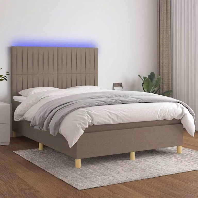 Letto a Molle con Materasso e LED vidaXL in Tessuto, Tortora, L/P/H: 140 x 200 x 128 cm