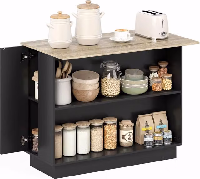 Isola per cucina Design In con 2 ripiani aperti e 2 armadietti in MDF, L/P/H: 105 x 60 x 82 cm, colore marrone e nero