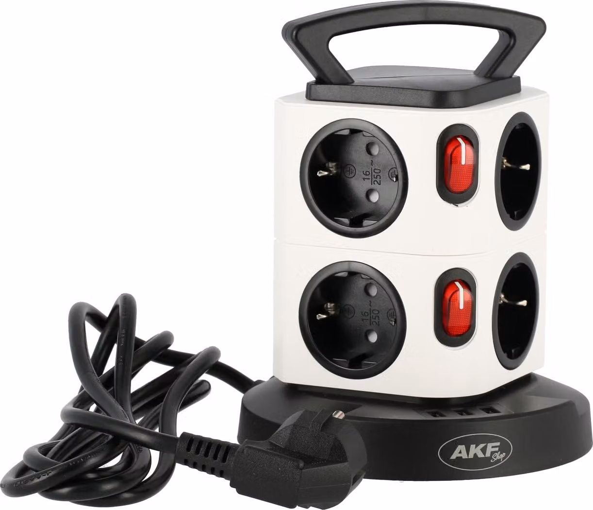 Torretta a 8 vie, con interruttori a levetta singola e maniglia per il trasporto, 3x USB, spina