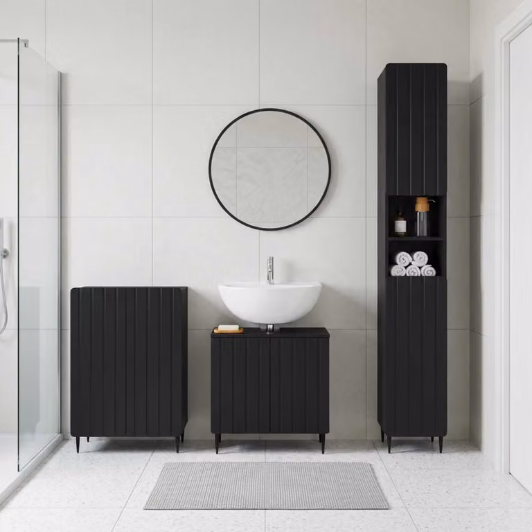 Set di armadietti da bagno moderno vidaXL ZWOLLE in 3 pezzi, colore nero opaco, con mobile lavabo e armadietti laterali