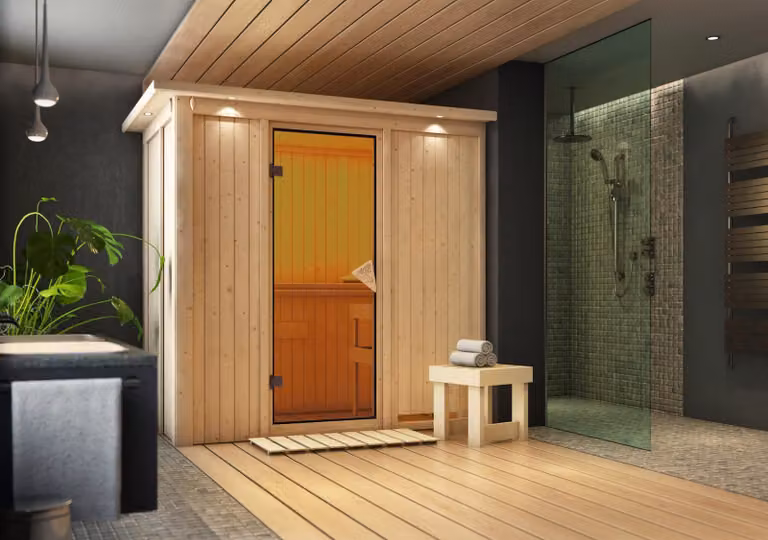 Sauna Variado: con cornice luminosa sul soffitto: 9 kW, stufa a bioetanolo + centralina Easy Porta: interamente in vetro bronzato. Cornice luminosa sul soffitto. Stufa: 9 kW, stufa a bioetanolo + centralina Easy Porta della sauna: interamente in vetro bro