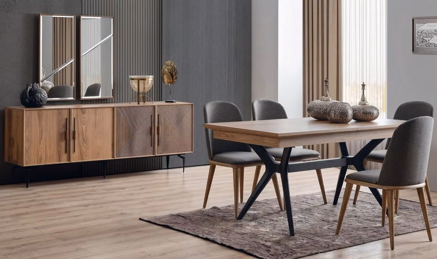 Set per sala da pranzo: tavolo da pranzo, 4 sedie, credenza. Design moderno ed elegante, alta qualità