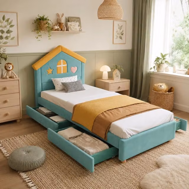 Letto a casetta 90 × 200 cm con 4 cassetti imbottito in velluto francese blu verde con testiera decorata