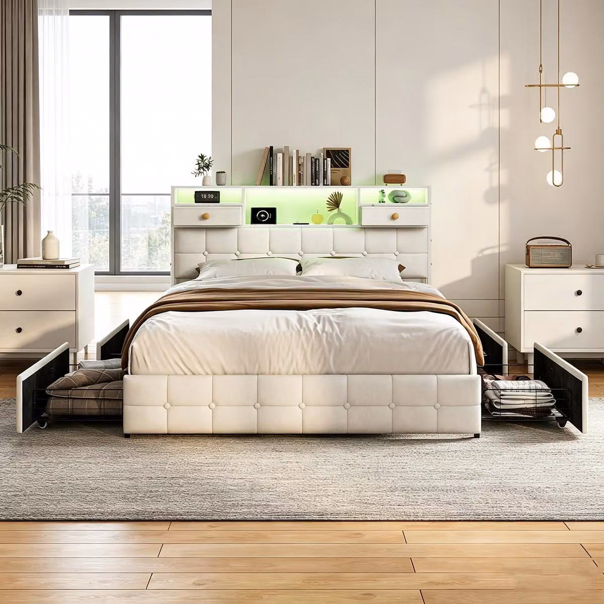 Letto contenitore con boxspring, imbottito, 160x200 cm, con illuminazione LED e porte USB/C, dotato di 4 cassetti, struttura letto matrimoniale con rete a molle, rivestito in velluto, colore beige