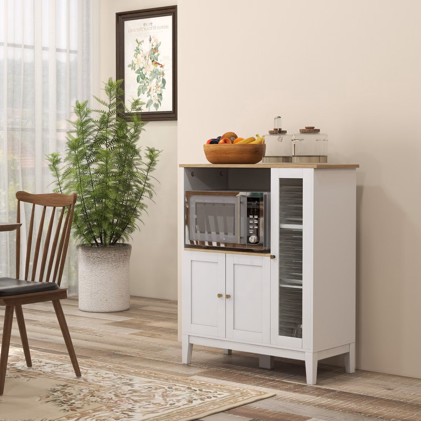 Mobile Microonde HOMCOM con Armadietto Inferiore e 3 Ripiani Laterali con Ante in Vetro, Bianco, L 80 cm x P 35 cm x H 97 cm – 2
