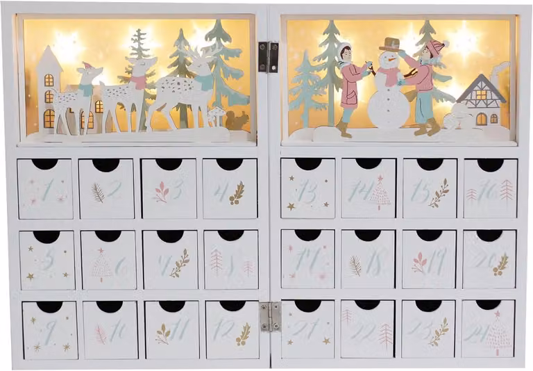 Calendario dell'Avvento natalizio in legno con 24 cassetti - Calendario natalizio illuminato con scena di villaggio - Decorazione natalizia da riempire
