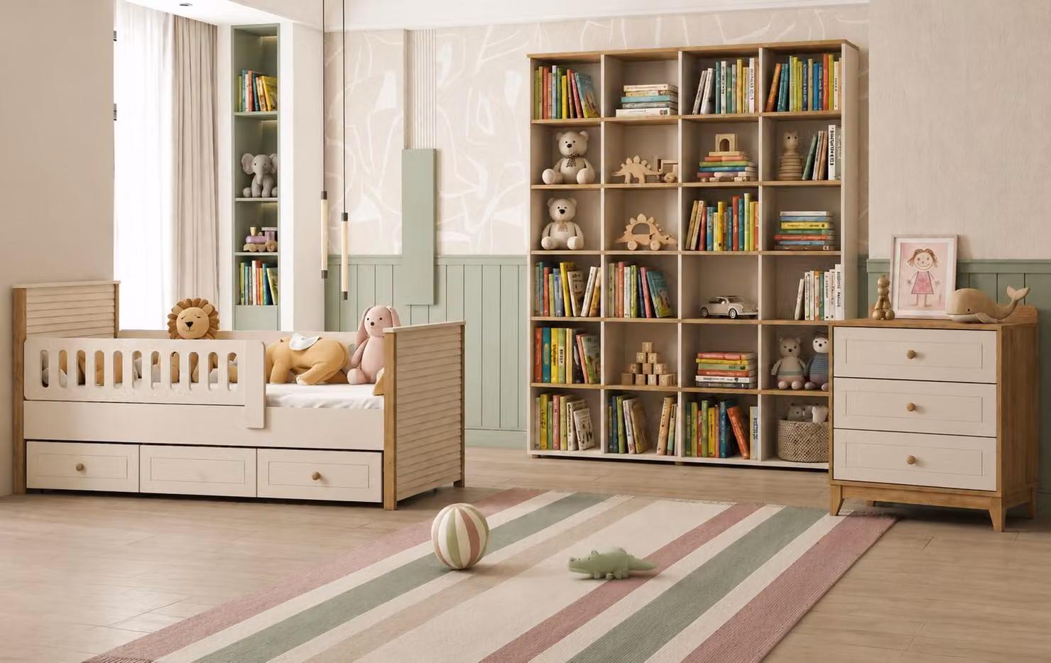 Set per la cameretta dei bambini, composto da lettino e cassettiera, in bianco e legno di quercia
