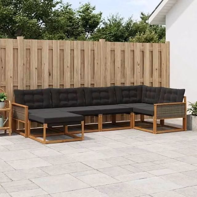 Set di divani da esterno a L vidaXL in legno di acacia con cuscini e pouf, marrone e nero – 1