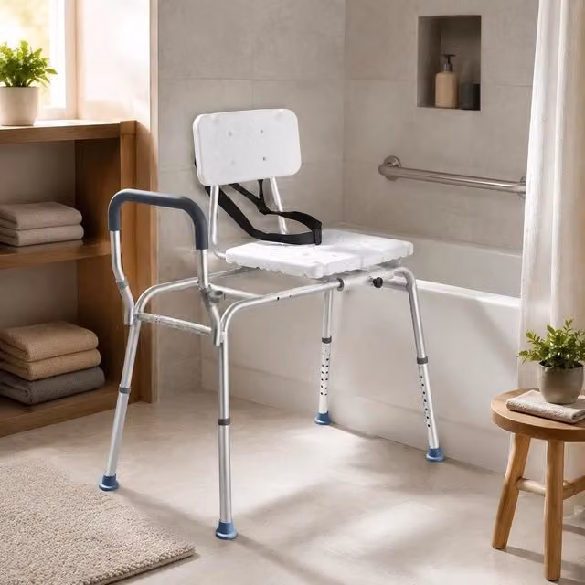 Sedia Da Bagno Scorrevole, Sedile Per Trasferimento Per Vasca Da Bagno Carico Max 180 Kg Con Braccioli Schienale Per Adulti, Sedia Per Doccia Altezza Regolabile Ausilio Per Cura Domestica