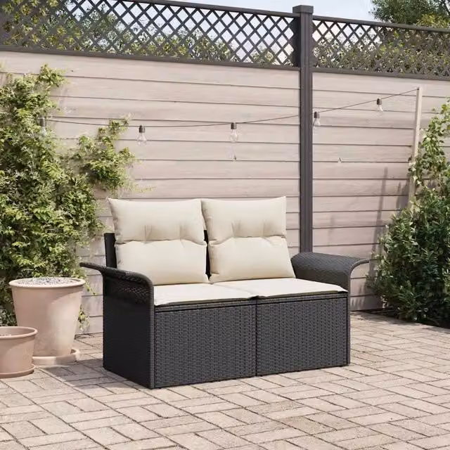 Divano da giardino con cuscino-Sofa da Giardino-Divano da esterno Nero 141 x 62 x 69cm polyrattan 459519