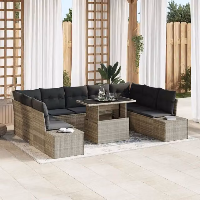 Set Divano da Giardino vidaXL a Forma a U in Polyrattan Grigio con Tavolino e Cuscini – 1