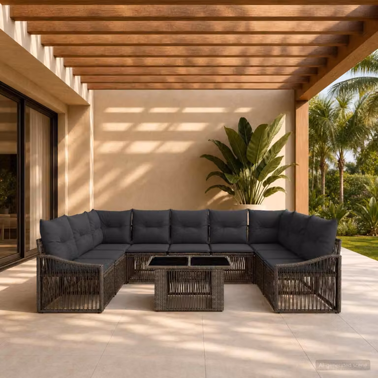 Set Divano da Giardino vidaXL 10 Pezzi a Forma di U in Polyrattan Grigio e Antracite con Cuscini e Tavolino