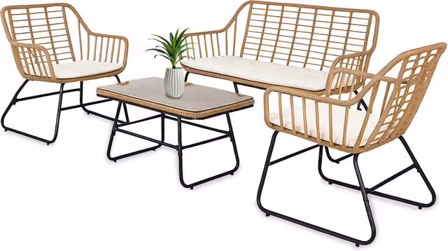 Set Salotto da Esterno Cebu Biacchi in Polyrattan con Tavolo in Vetro, Divano a 2 Posti e 2 Poltrone con Cuscini Inclusi