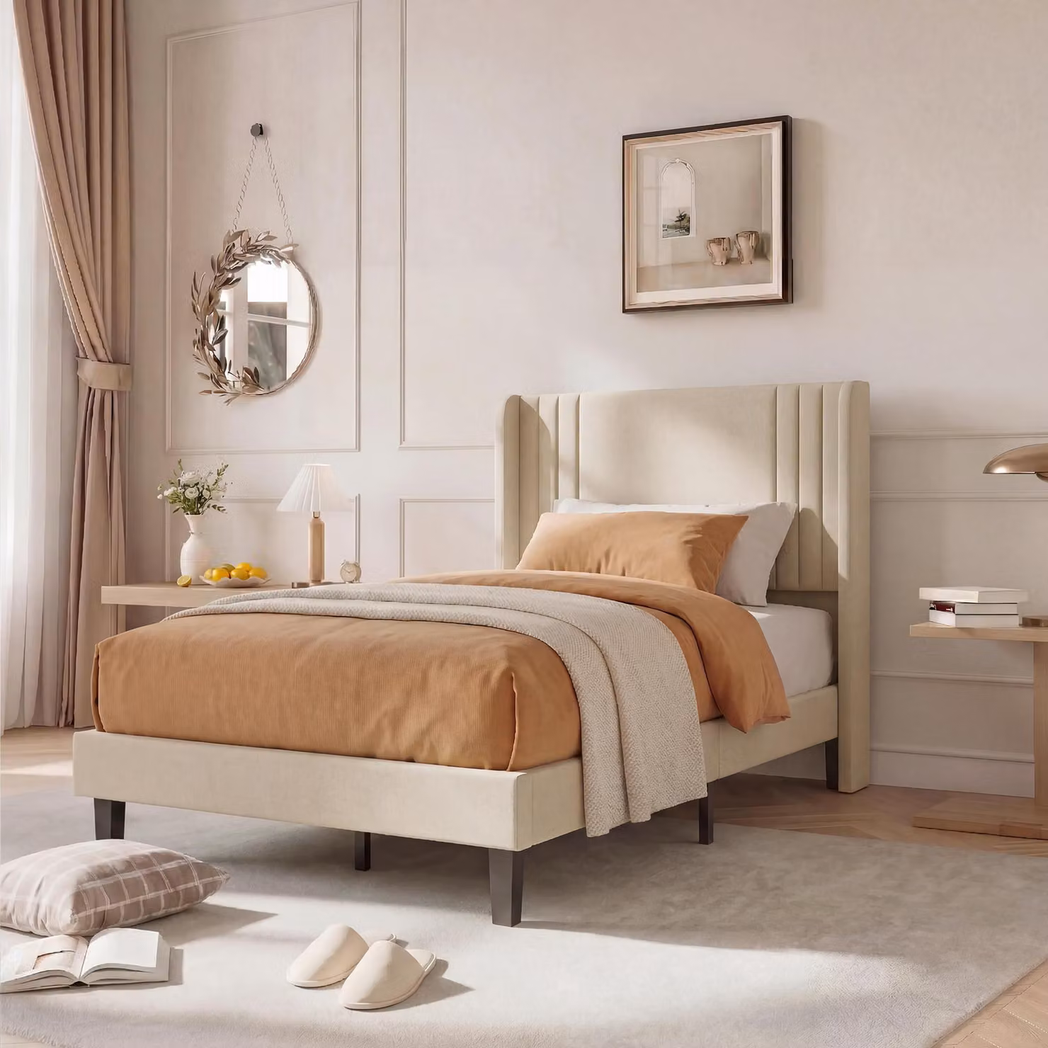 Letto imbottito 90x200 cm con rete a doghe, letto singolo con alta testiera imbottita, struttura in metallo, tessuto in lino color beige, altezza da terra di 15,5 cm, senza materasso