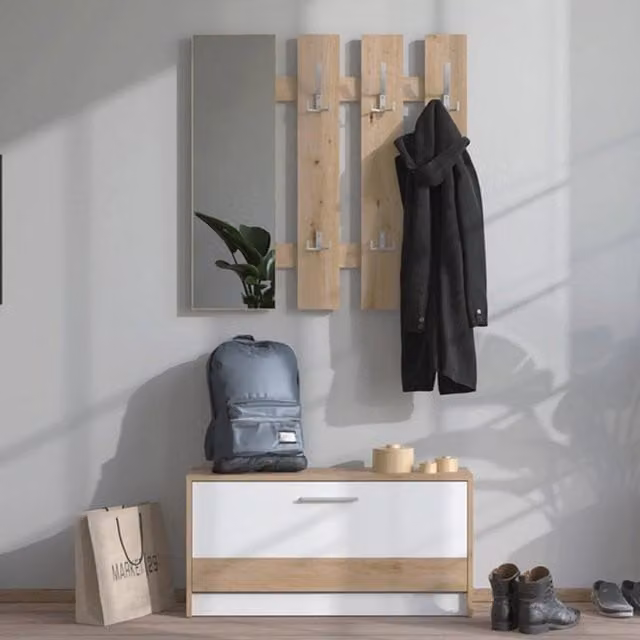 DMORA Mobile da Ingresso Moderno con Specchio e Ripiani, Bianco e Rovere, L: 91.5 cm, P: 28 cm, H: 202 cm