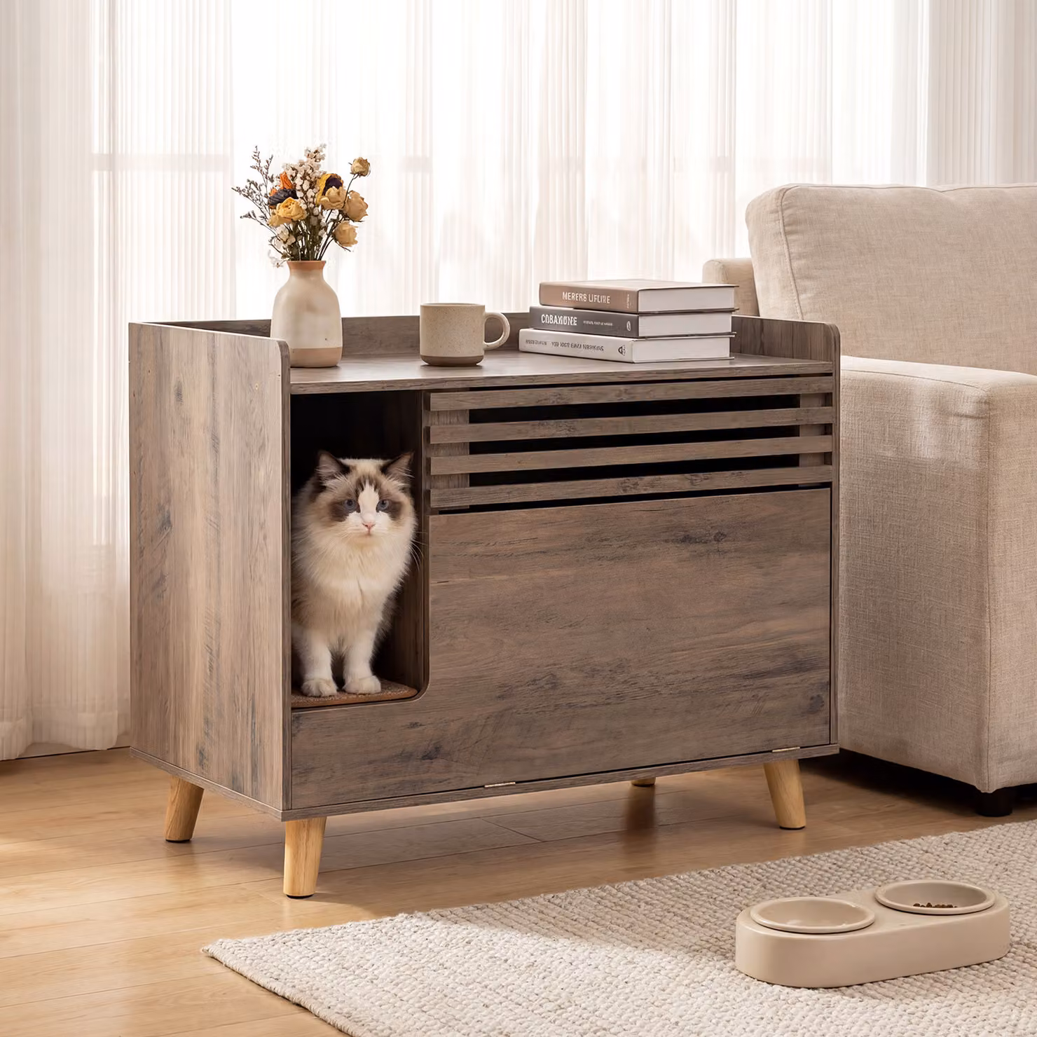 Costway Mobile porta lettiera per gatti in legno marrone con scomparti nascosti e piano superiore aperto