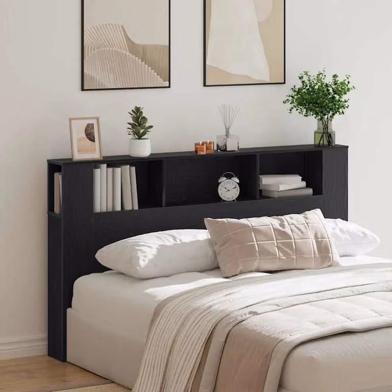 Testata del letto moderna vidaXL in legno ingegnerizzato color rovere nero con ripiano integrato L: 180 cm, H: 102,5 cm, P: 23,9 cm