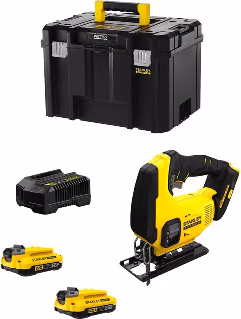 Seghetto Alternativo Stanley FatMax SFMCS600D2T Giallo con 2 Batterie da 2,0 Ah, Caricabatteria e Valigetta TSTAK VI
