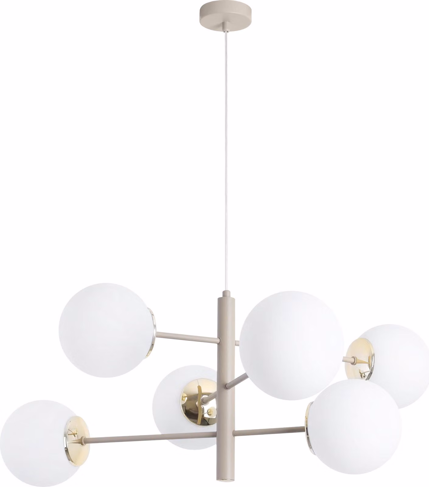 Lampada a sospensione Vicenza cashmere-oro a 6 luci con paralumi bianchi E14 – elegante lampada a sospensione per il soggiorno