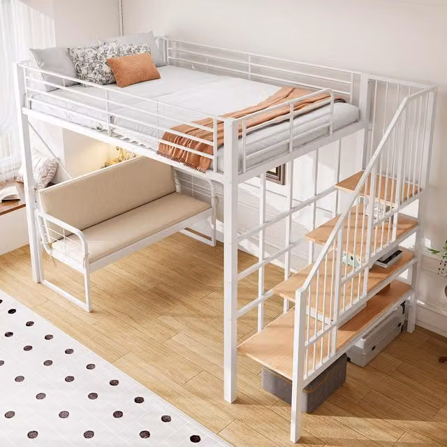 Letto a castello 140x200; telaio in metallo; divano con sedile rimovibile; scomparto per riporre; scale; bianco