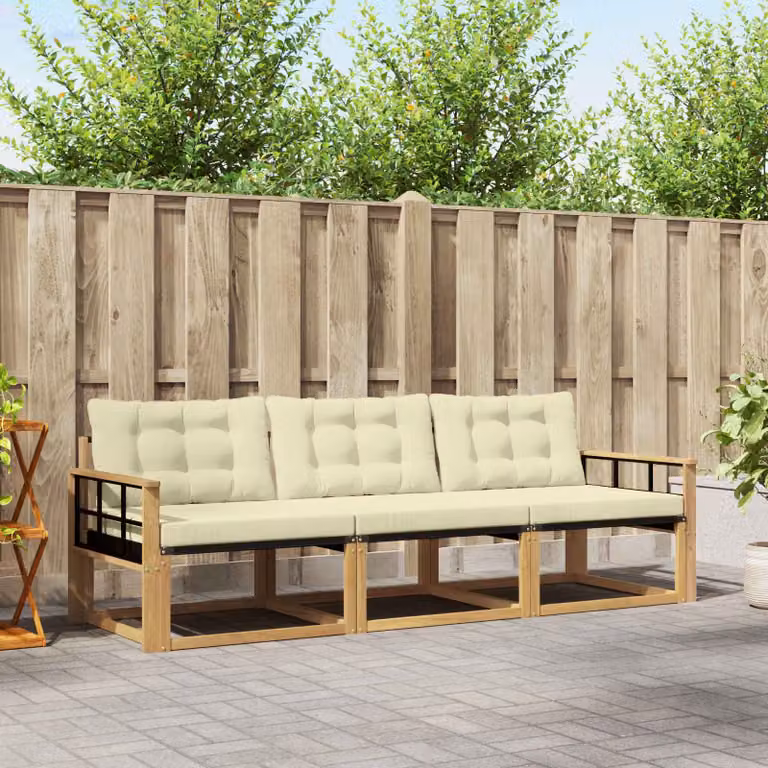 Set di divani da esterno vidaXL in legno di acacia con cuscini, Bianco e Beige