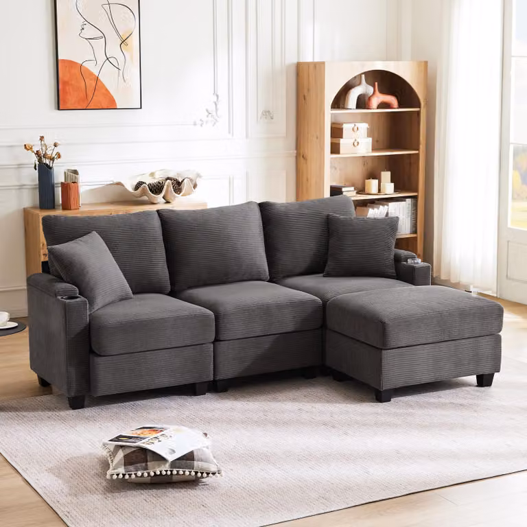Divano angolare Merax, con funzione sleep, divano a L a 3 posti con poggiapiedi, portabicchieri, USB, Tipo C, bracciolo portaoggetti, divano, divano letto, velluto a coste, grigio
