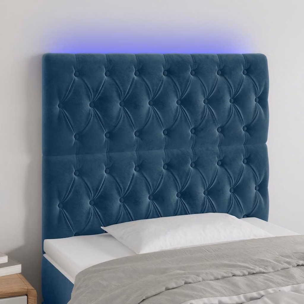 Testiera per letto vidaXL in velluto blu scuro con illuminazione LED e porta di ricarica USB, L: 90 cm, P: 7 cm, H: 118-128 cm