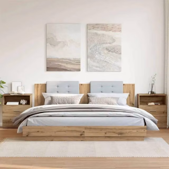 Set di 2 comodini moderni vidaXL in legno color rovere marrone opaco, sospesi a parete per camera da letto, L/P/H: 50 x 32 x 60 cm – 1