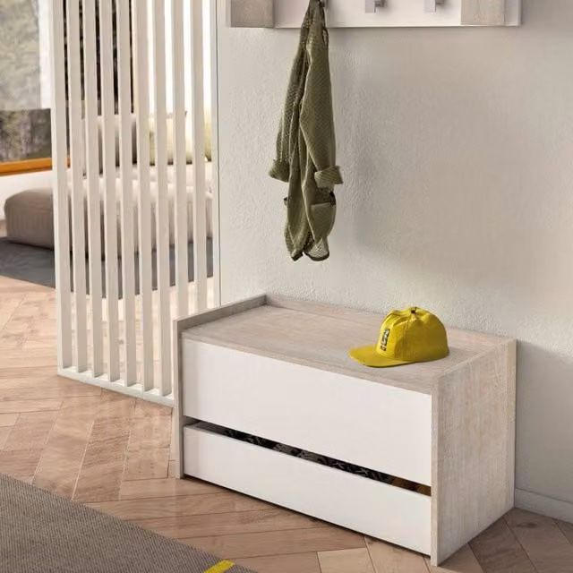 Cassapanca Sogno DMORA, Mobile da ingresso moderno con scarpiera e due contenitori, Bianco e Rovere, L: 90 cm, P: 40 cm, H: 46 cm – 1