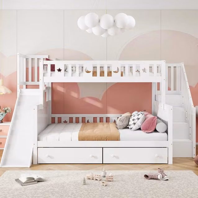 Letto a castello per bambini in legno massello con scivolo, scala di sicurezza, due ampi cassettoni e rete a doghe, bianco 90x200/140x200 cm